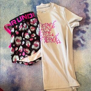 Girls size small Under Armour Light Gray Tee and Black Leopard Print Shorts